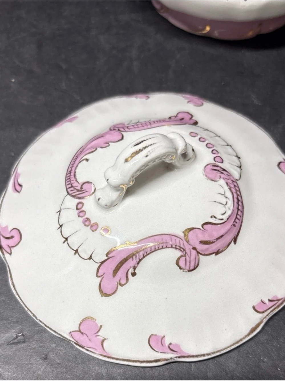 Victorian Vanity Set Pink &White Porcelain Champion Powder Dish & Pitcher - Picture 7 of 15